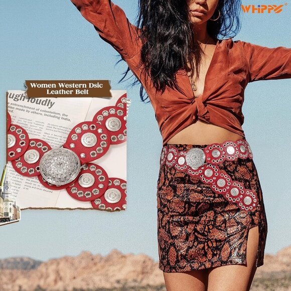 Women Vintage Disc Waist Concho Leather Belt Boho Waist Belt Red Silver Buckle main image 7
